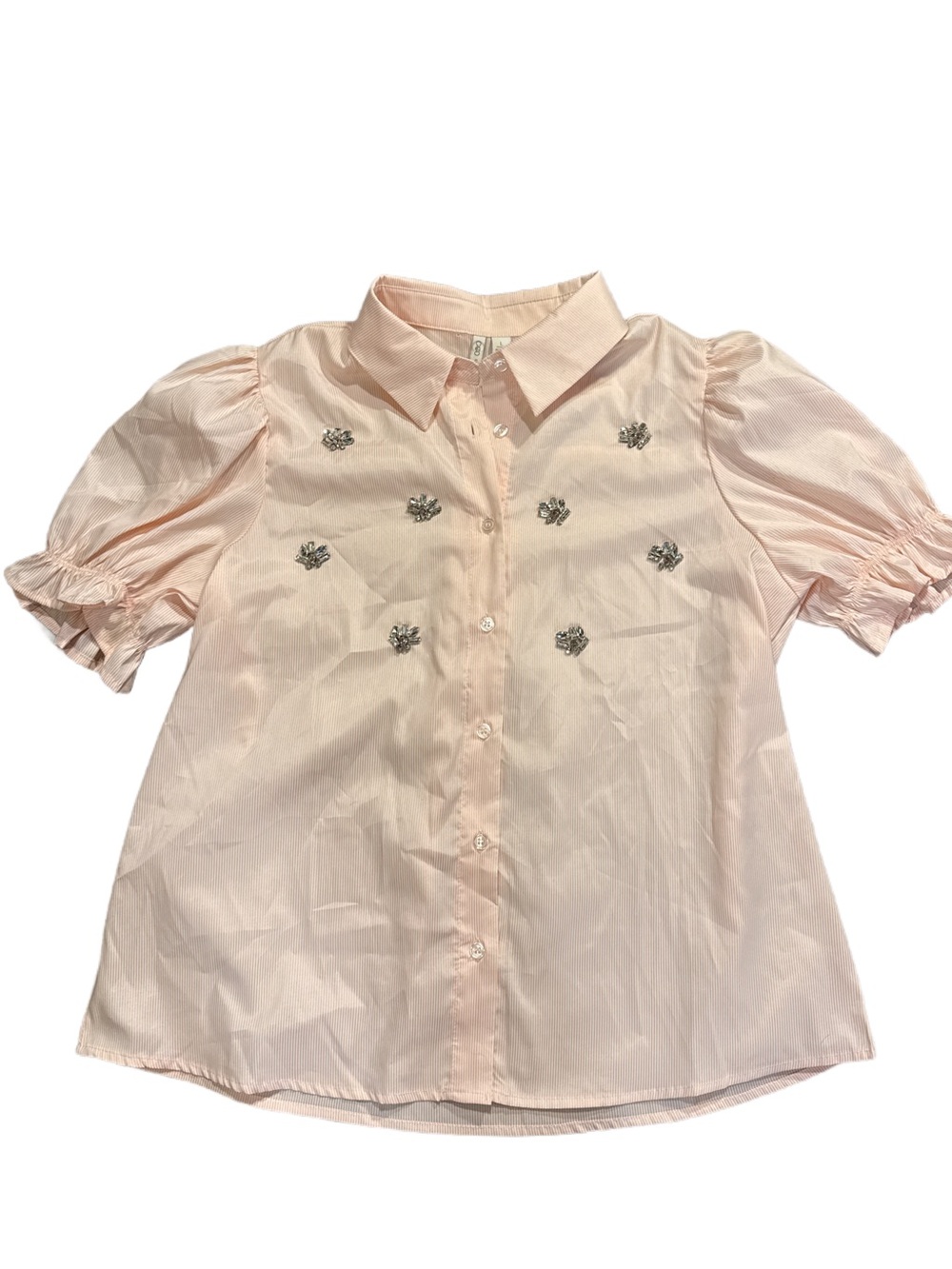 5/$15 Cato Light Pink Puff Sleeve Top with Crystal Flowers size large